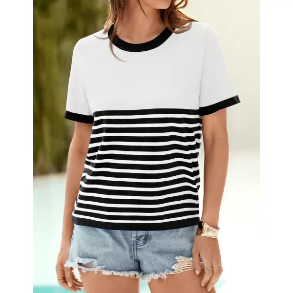imageZESICA Womens Summer Ribbed Short Sleeve T Shirts 2024 Casual Striped Crew Neck Knit Basic TopsWhite