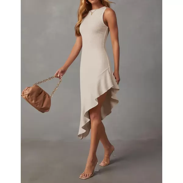 imageZESICA Womens Summer Sleeveless Bodycon Midi Dress Crewneck Ruffle Irregular Hem Ribbed Knit Cocktail Party DressesBeige