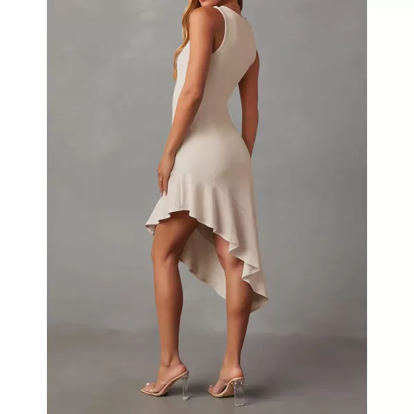 imageZESICA Womens Summer Sleeveless Bodycon Midi Dress Crewneck Ruffle Irregular Hem Ribbed Knit Cocktail Party DressesBeige