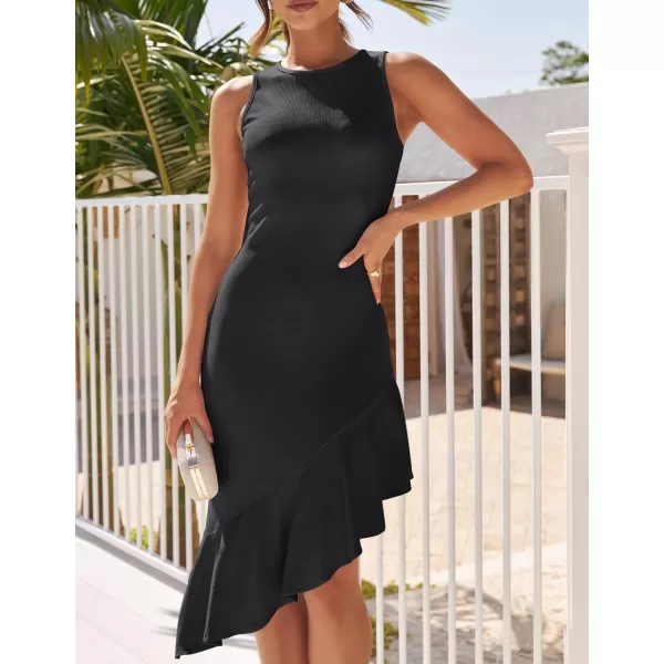 imageZESICA Womens Summer Sleeveless Bodycon Midi Dress Crewneck Ruffle Irregular Hem Ribbed Knit Cocktail Party DressesBlack