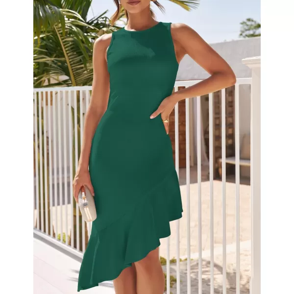 imageZESICA Womens Summer Sleeveless Bodycon Midi Dress Crewneck Ruffle Irregular Hem Ribbed Knit Cocktail Party DressesDark Green