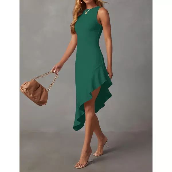 imageZESICA Womens Summer Sleeveless Bodycon Midi Dress Crewneck Ruffle Irregular Hem Ribbed Knit Cocktail Party DressesDark Green