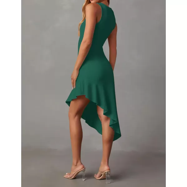 imageZESICA Womens Summer Sleeveless Bodycon Midi Dress Crewneck Ruffle Irregular Hem Ribbed Knit Cocktail Party DressesDark Green