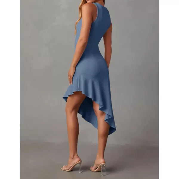 imageZESICA Womens Summer Sleeveless Bodycon Midi Dress Crewneck Ruffle Irregular Hem Ribbed Knit Cocktail Party DressesDusty Blue