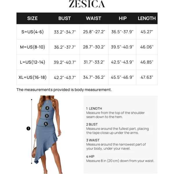imageZESICA Womens Summer Sleeveless Bodycon Midi Dress Crewneck Ruffle Irregular Hem Ribbed Knit Cocktail Party DressesDusty Blue