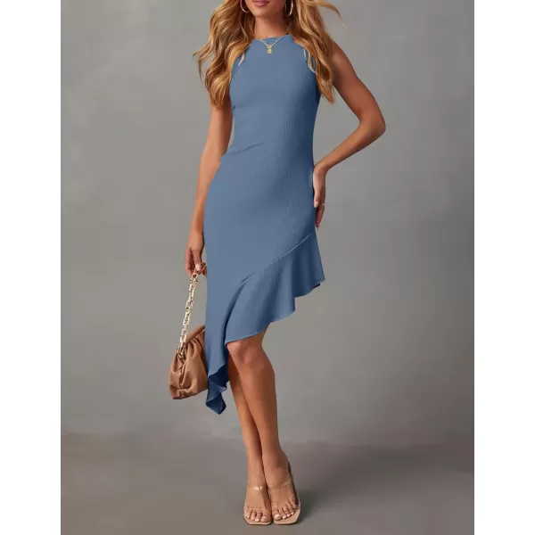 imageZESICA Womens Summer Sleeveless Bodycon Midi Dress Crewneck Ruffle Irregular Hem Ribbed Knit Cocktail Party DressesDusty Blue