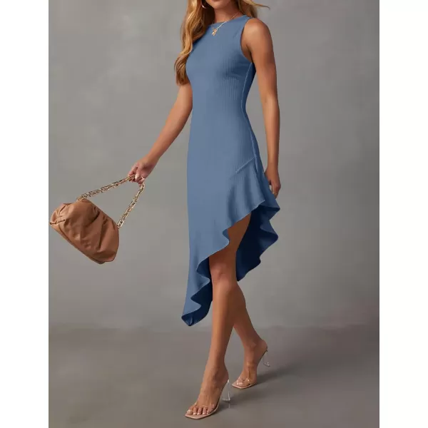 imageZESICA Womens Summer Sleeveless Bodycon Midi Dress Crewneck Ruffle Irregular Hem Ribbed Knit Cocktail Party DressesDusty Blue