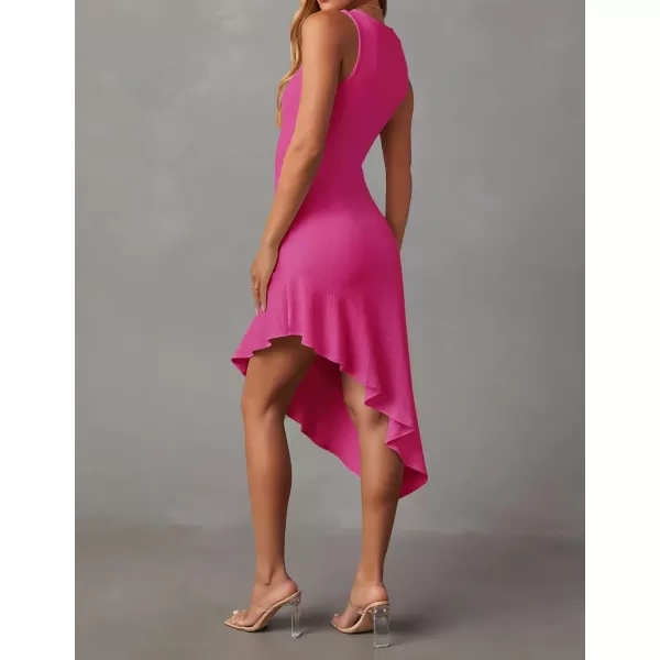imageZESICA Womens Summer Sleeveless Bodycon Midi Dress Crewneck Ruffle Irregular Hem Ribbed Knit Cocktail Party DressesRose