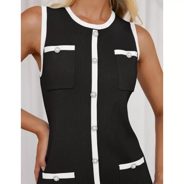 imageZESICA Womens Summer Sleeveless Mini Dress Crewneck Button Kint Color Block Bodycon Party Short Dresses with PocketsBlack