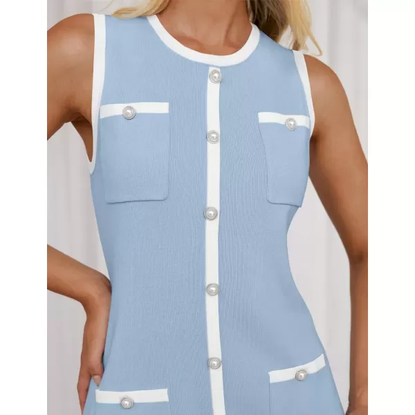 imageZESICA Womens Summer Sleeveless Mini Dress Crewneck Button Kint Color Block Bodycon Party Short Dresses with PocketsBlue