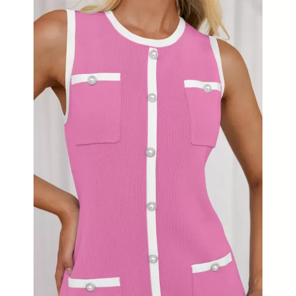 imageZESICA Womens Summer Sleeveless Mini Dress Crewneck Button Kint Color Block Bodycon Party Short Dresses with PocketsPink