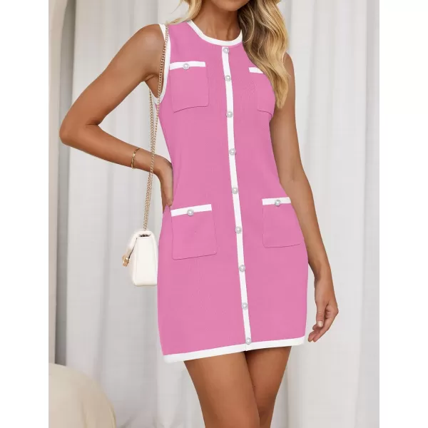 imageZESICA Womens Summer Sleeveless Mini Dress Crewneck Button Kint Color Block Bodycon Party Short Dresses with PocketsPink