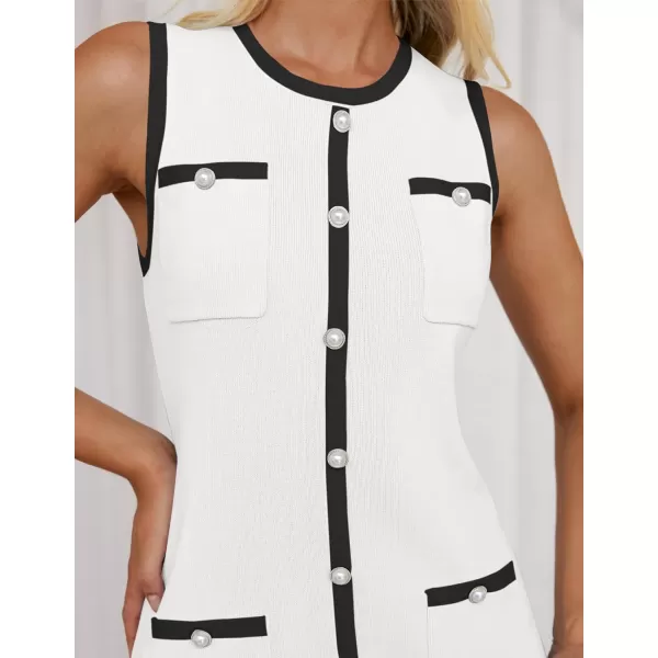 imageZESICA Womens Summer Sleeveless Mini Dress Crewneck Button Kint Color Block Bodycon Party Short Dresses with PocketsWhite