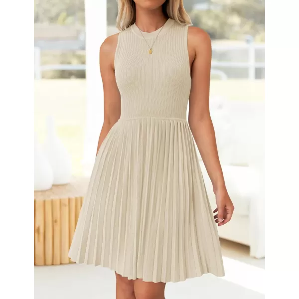 imageZESICA Womens Summer Sleeveless Mini Dresses 2024 Crewneck Knit A Line Pleated Swing Basic Short DressAlmond
