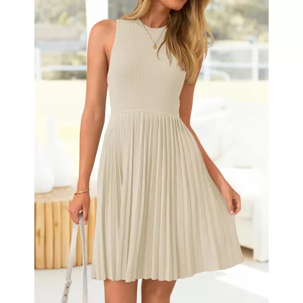 imageZESICA Womens Summer Sleeveless Mini Dresses 2024 Crewneck Knit A Line Pleated Swing Basic Short DressAlmond