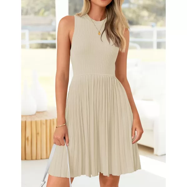 imageZESICA Womens Summer Sleeveless Mini Dresses 2024 Crewneck Knit A Line Pleated Swing Basic Short DressAlmond