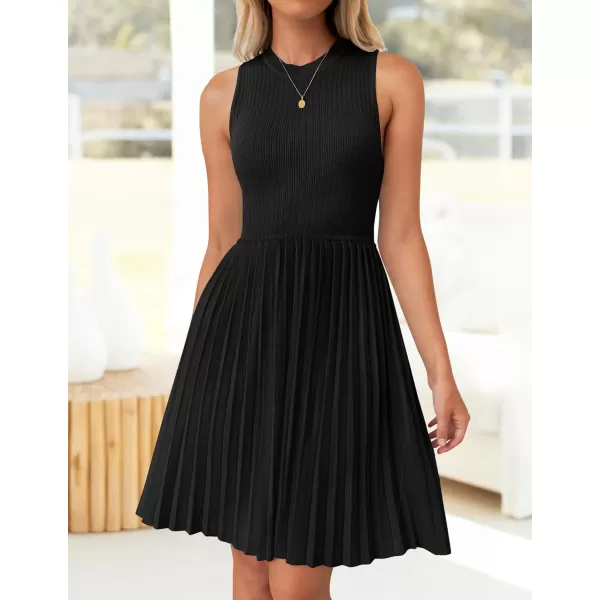 imageZESICA Womens Summer Sleeveless Mini Dresses 2024 Crewneck Knit A Line Pleated Swing Basic Short DressBlack