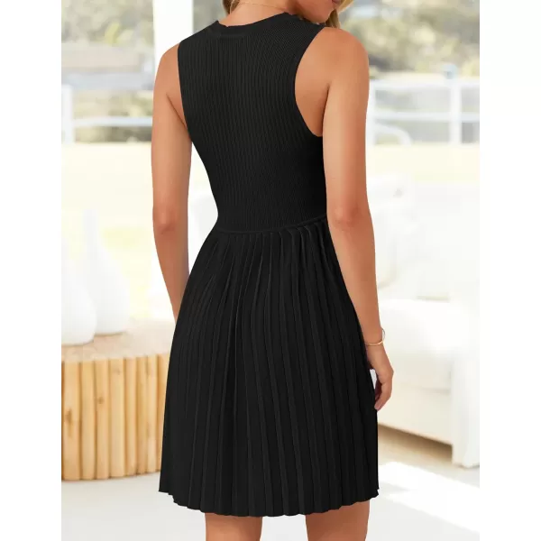 imageZESICA Womens Summer Sleeveless Mini Dresses 2024 Crewneck Knit A Line Pleated Swing Basic Short DressBlack