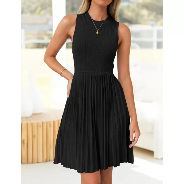 imageZESICA Womens Summer Sleeveless Mini Dresses 2024 Crewneck Knit A Line Pleated Swing Basic Short DressBlack