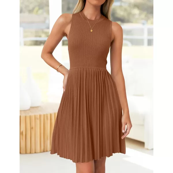 imageZESICA Womens Summer Sleeveless Mini Dresses 2024 Crewneck Knit A Line Pleated Swing Basic Short DressCaramel