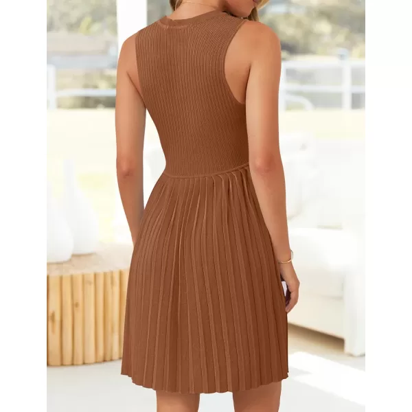 imageZESICA Womens Summer Sleeveless Mini Dresses 2024 Crewneck Knit A Line Pleated Swing Basic Short DressCaramel