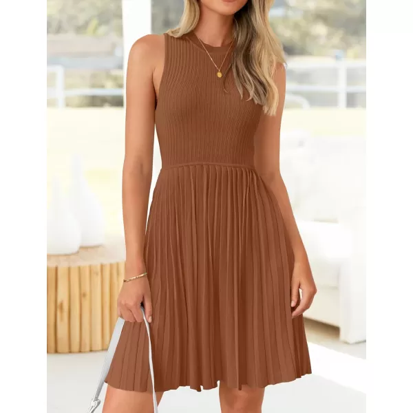 imageZESICA Womens Summer Sleeveless Mini Dresses 2024 Crewneck Knit A Line Pleated Swing Basic Short DressCaramel