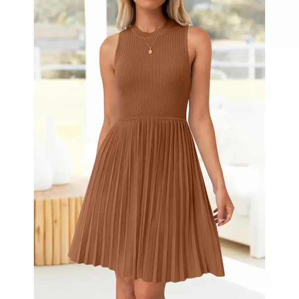 imageZESICA Womens Summer Sleeveless Mini Dresses 2024 Crewneck Knit A Line Pleated Swing Basic Short DressCaramel