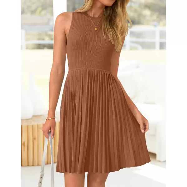 imageZESICA Womens Summer Sleeveless Mini Dresses 2024 Crewneck Knit A Line Pleated Swing Basic Short DressCaramel
