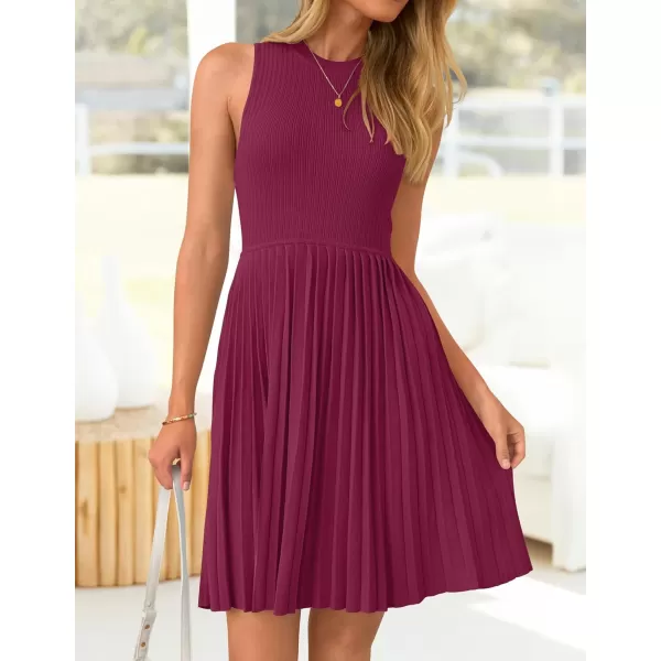 imageZESICA Womens Summer Sleeveless Mini Dresses 2024 Crewneck Knit A Line Pleated Swing Basic Short DressEggplant