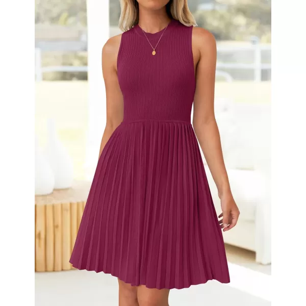 imageZESICA Womens Summer Sleeveless Mini Dresses 2024 Crewneck Knit A Line Pleated Swing Basic Short DressEggplant