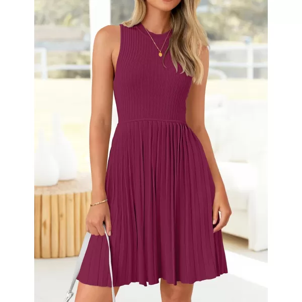 imageZESICA Womens Summer Sleeveless Mini Dresses 2024 Crewneck Knit A Line Pleated Swing Basic Short DressEggplant