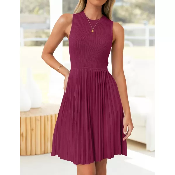 imageZESICA Womens Summer Sleeveless Mini Dresses 2024 Crewneck Knit A Line Pleated Swing Basic Short DressEggplant