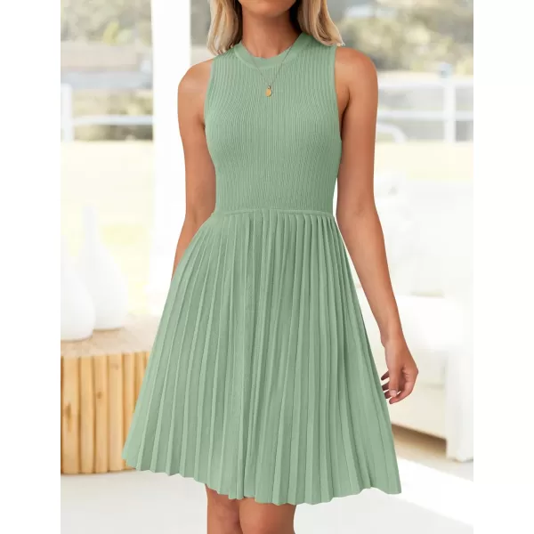 imageZESICA Womens Summer Sleeveless Mini Dresses 2024 Crewneck Knit A Line Pleated Swing Basic Short DressLightgreen