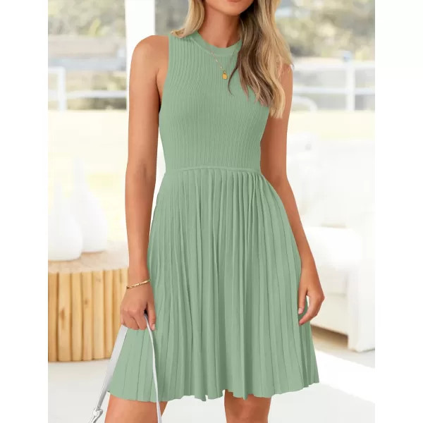 imageZESICA Womens Summer Sleeveless Mini Dresses 2024 Crewneck Knit A Line Pleated Swing Basic Short DressLightgreen