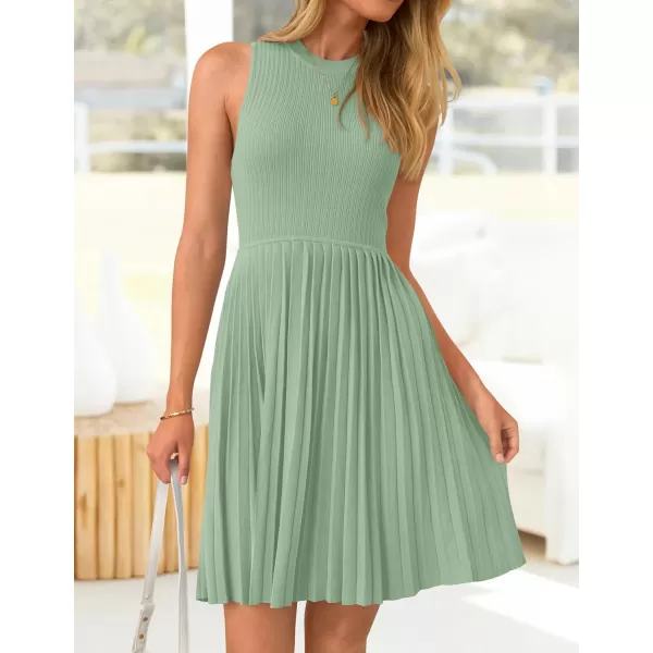 imageZESICA Womens Summer Sleeveless Mini Dresses 2024 Crewneck Knit A Line Pleated Swing Basic Short DressLightgreen