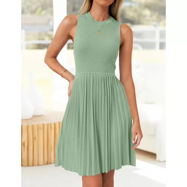 imageZESICA Womens Summer Sleeveless Mini Dresses 2024 Crewneck Knit A Line Pleated Swing Basic Short DressLightgreen