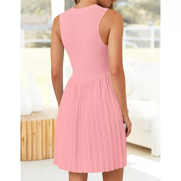 imageZESICA Womens Summer Sleeveless Mini Dresses 2024 Crewneck Knit A Line Pleated Swing Basic Short DressPink