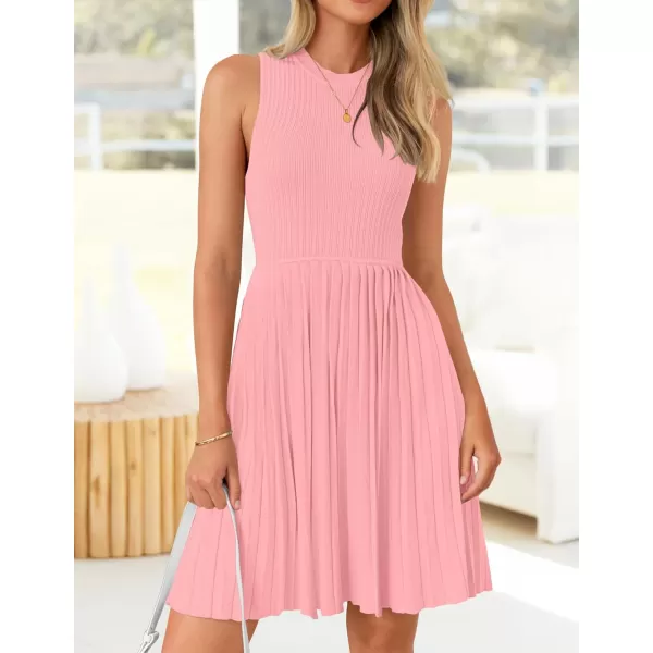imageZESICA Womens Summer Sleeveless Mini Dresses 2024 Crewneck Knit A Line Pleated Swing Basic Short DressPink
