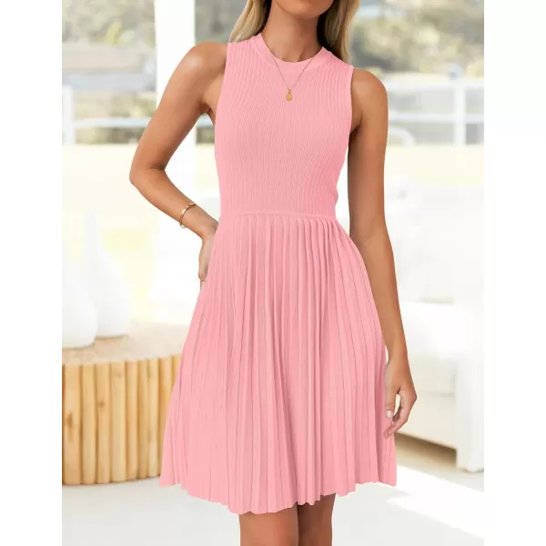 imageZESICA Womens Summer Sleeveless Mini Dresses 2024 Crewneck Knit A Line Pleated Swing Basic Short DressPink