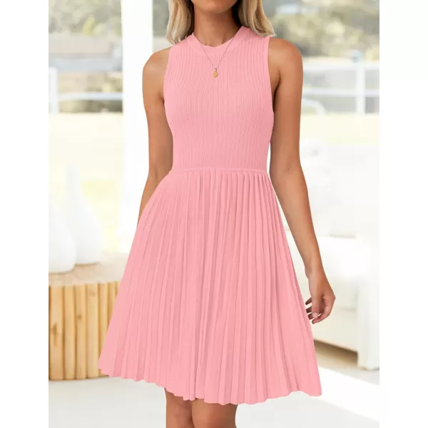 imageZESICA Womens Summer Sleeveless Mini Dresses 2024 Crewneck Knit A Line Pleated Swing Basic Short DressPink