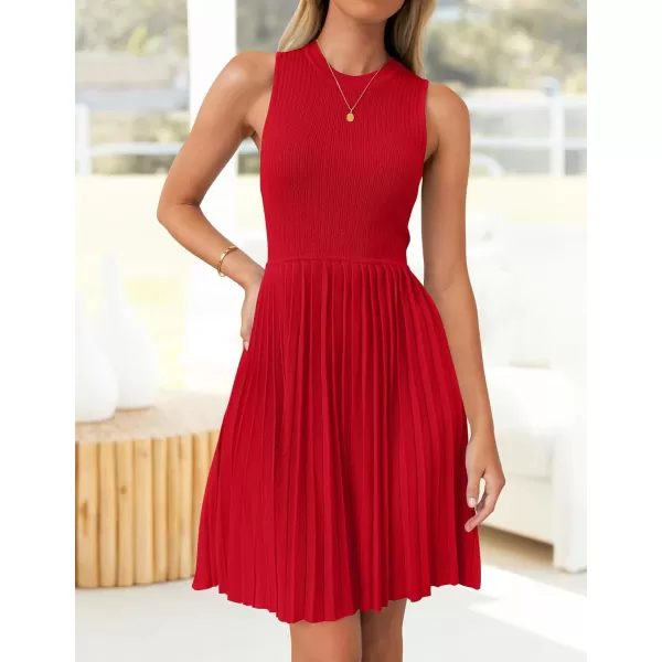 imageZESICA Womens Summer Sleeveless Mini Dresses 2024 Crewneck Knit A Line Pleated Swing Basic Short DressRed