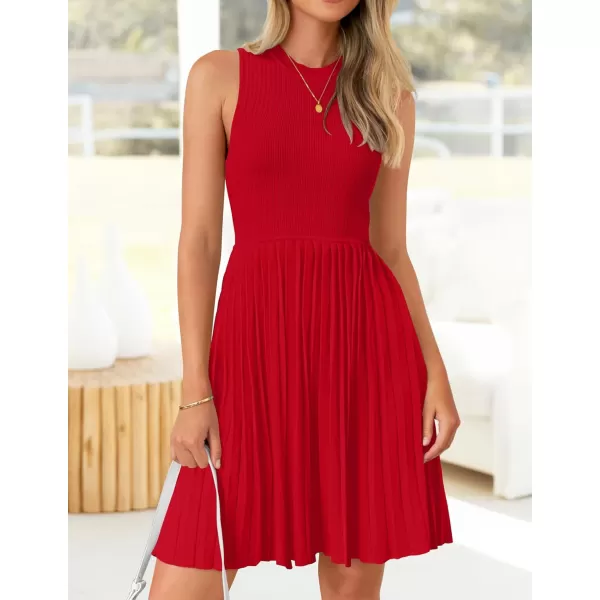 imageZESICA Womens Summer Sleeveless Mini Dresses 2024 Crewneck Knit A Line Pleated Swing Basic Short DressRed