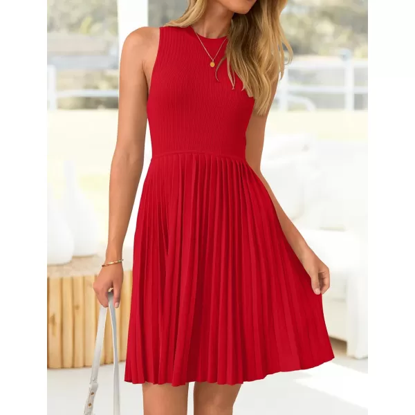 imageZESICA Womens Summer Sleeveless Mini Dresses 2024 Crewneck Knit A Line Pleated Swing Basic Short DressRed