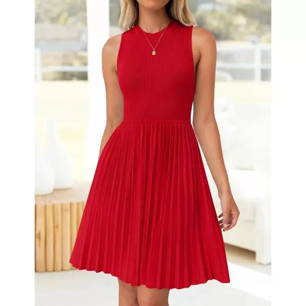 imageZESICA Womens Summer Sleeveless Mini Dresses 2024 Crewneck Knit A Line Pleated Swing Basic Short DressRed