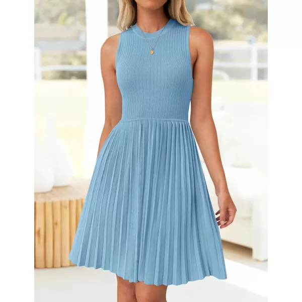 imageZESICA Womens Summer Sleeveless Mini Dresses 2024 Crewneck Knit A Line Pleated Swing Basic Short DressSky