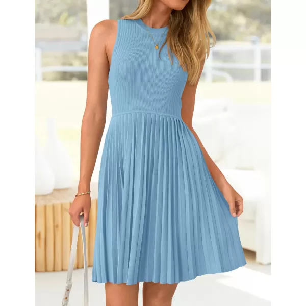 imageZESICA Womens Summer Sleeveless Mini Dresses 2024 Crewneck Knit A Line Pleated Swing Basic Short DressSky