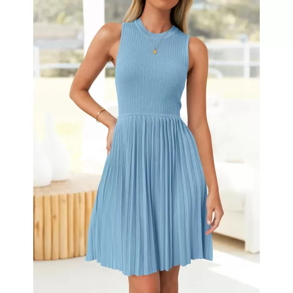 imageZESICA Womens Summer Sleeveless Mini Dresses 2024 Crewneck Knit A Line Pleated Swing Basic Short DressSky