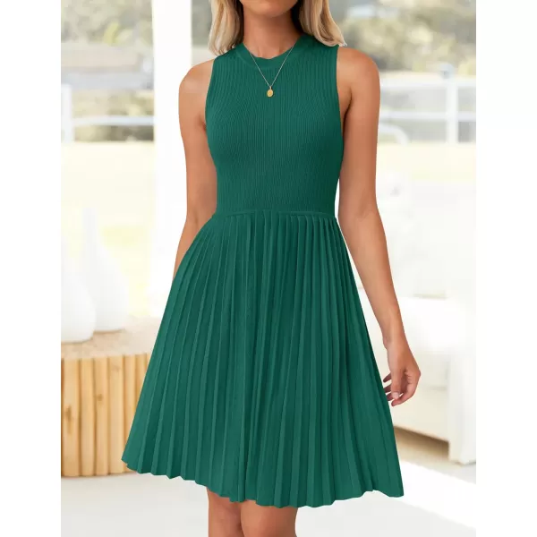 imageZESICA Womens Summer Sleeveless Mini Dresses 2024 Crewneck Knit A Line Pleated Swing Basic Short DressTeal