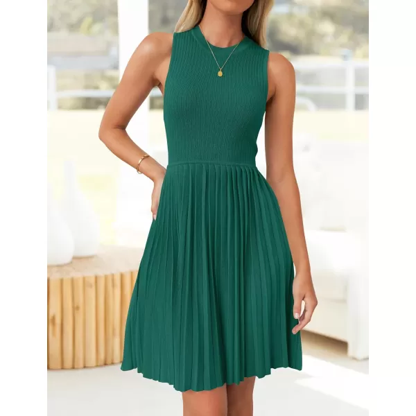 imageZESICA Womens Summer Sleeveless Mini Dresses 2024 Crewneck Knit A Line Pleated Swing Basic Short DressTeal