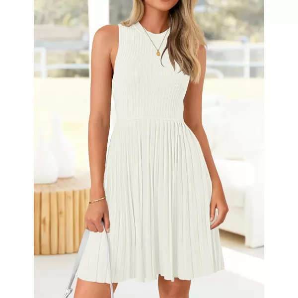 imageZESICA Womens Summer Sleeveless Mini Dresses 2024 Crewneck Knit A Line Pleated Swing Basic Short DressWhite
